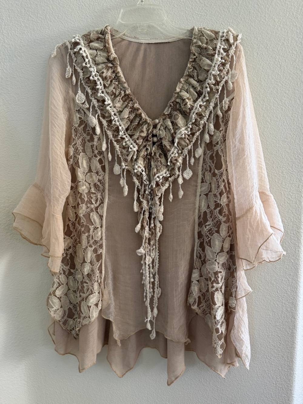 Tan Lace-Trim Tassel V-Neck Tunic